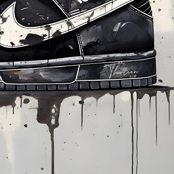 Image 1 of Treize : « Nike Jordan par Banksy ». ​​Signée à la main, édition 6/10. Glicée sur toile. Cadre et système de suspension inclus.
