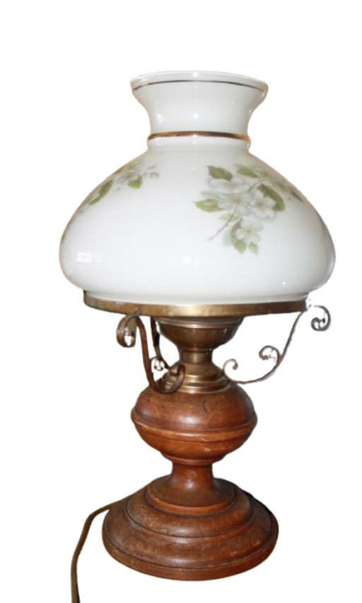 Vintage tafellamp in landelijke stijl – 50 cm hoog – met glazen kap met bloemenmotief – tafellampen, Other