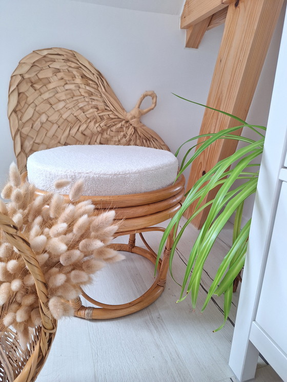 Image 1 of Rattan And Bouclette Fabric Pouf