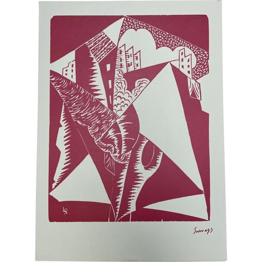 Vintage pink village lithograph by Leopold Survage, 1950
