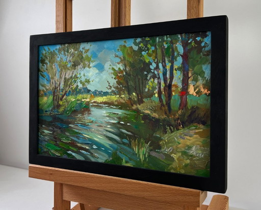 Original Oil Painting Summer Nature Landscape Quiet forest river