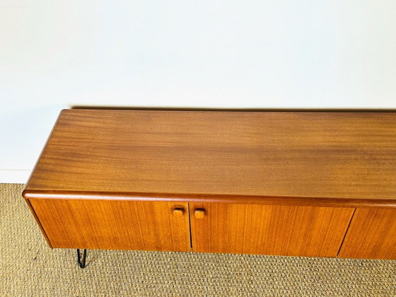 Image 1 of Low Scandinavian teak sideboard with 4 doors and hairpin metal legs, 1960