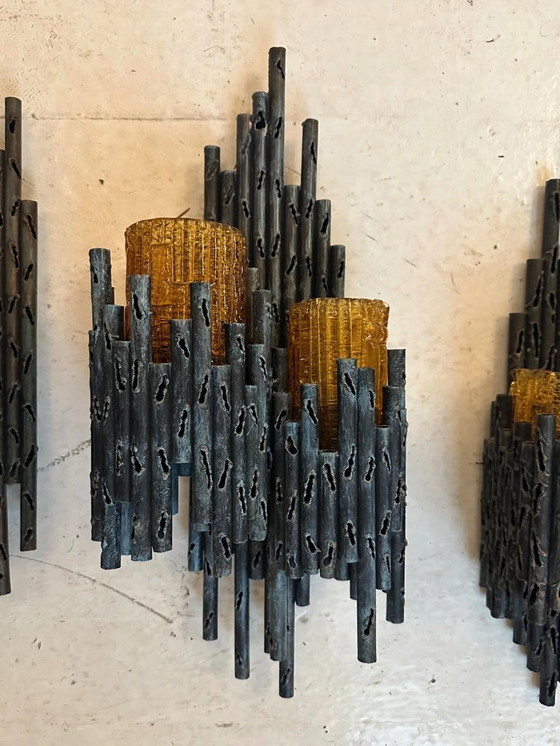 Image 1 of Set di tre applique brutaliste in acciaio e vetro testurizzato, Italia anni '70