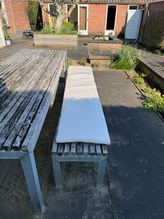 Image 1 of garden set, table, 3 chairs and 2 garden benches