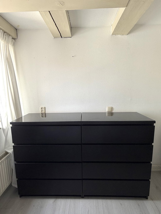 2x Malm 4 drawers with smokey glass top