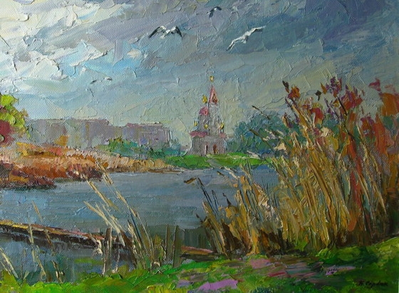 Origineel olieverfschilderij Herfstlandschap Stadsrand Meeuwen boven de rivier. Droge Kagamlyk (photo 5 of 8)