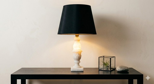 Vintage lamp, genuine carved alabaster, luminous black and gold lampshade, new, compliant wiring, excellent condition