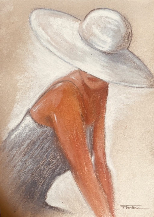 Pastel painting, portrait of a woman in a white hat, "full sunlight"