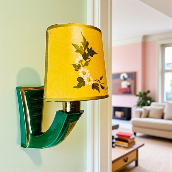 Image 1 of PAIR French Art Deco green ceramic wall sconces with hand-painted half shades, 1940s,