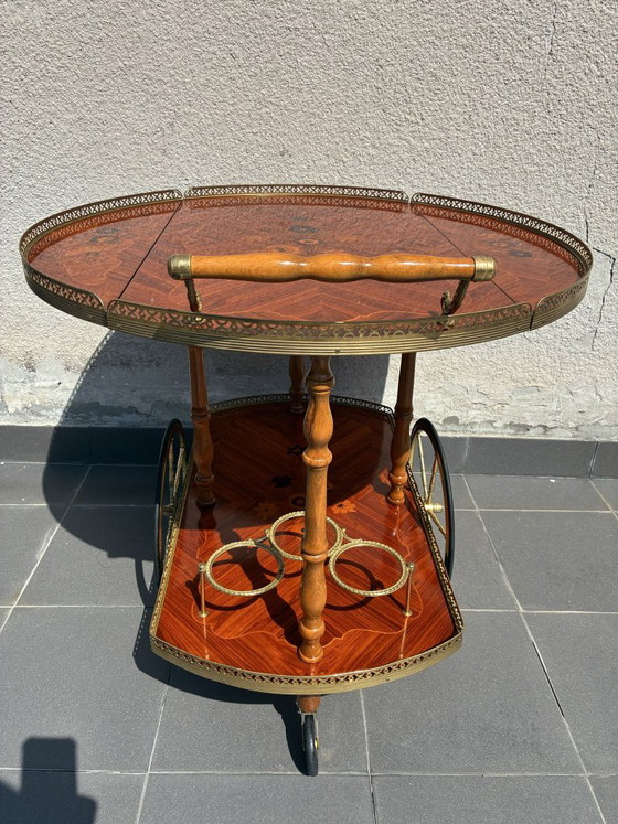 Carrello bar italiano in intarsio e ottone, metà del XX secolo, Carrelli bar, Legno, Marrone, 1950 (foto 5 di 8)