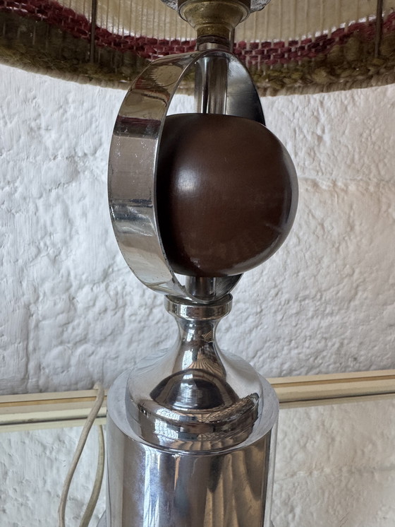 Image 1 of Lamp van chroom, hout en wol uit de jaren 70