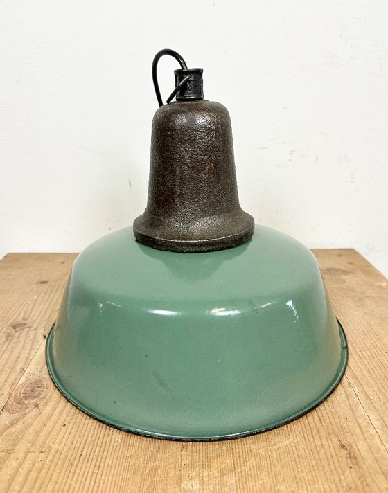 Image 1 of Industrial Green Enamel Factory Lamp with Cast Iron Top, 1960s