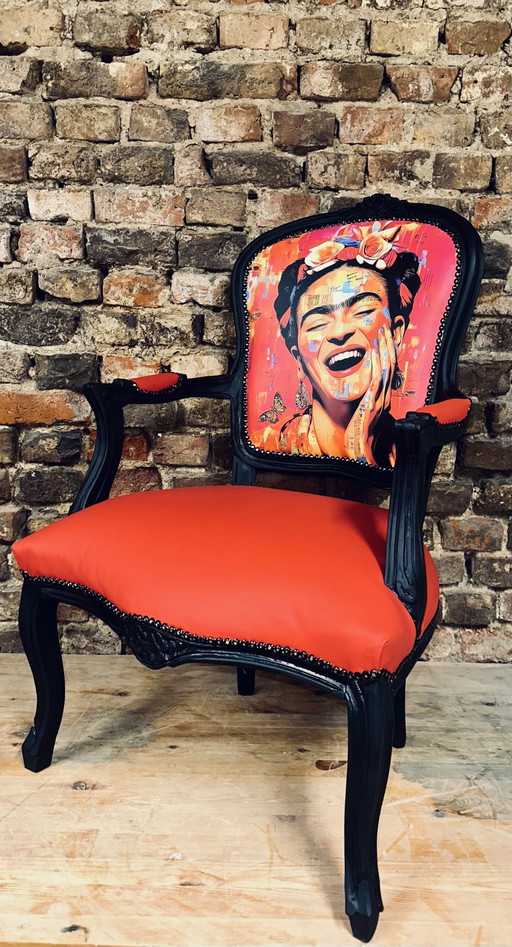 Fauteuil Louis XV vintage unique – Frida Kahlo Pop Art – Wood, Skai