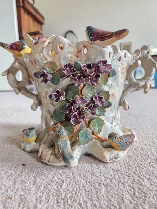 Antieke Majolica Vaas met Vogels en Bloemen