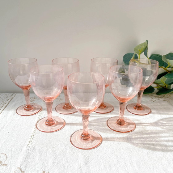 7 Vintage Facet Roze Glazen Waterglazen - Jaren 50 - Franse Elegantie – Glazen & Karaffen, Glass (photo 2 of 10)
