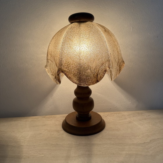 Image 1 of Vintage Brutalist Glass Table Lamp with Solid Oak Wooden Base, 1970s