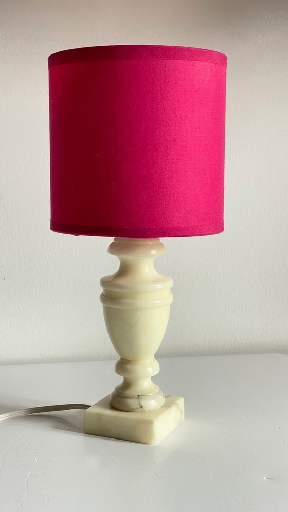 Image 1 of Vintage Marble and Fuchsia Fabric Lamp