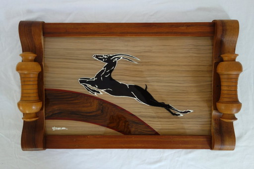 Vintage Art Deco wooden and mirrored tray signed Dope circa 1930