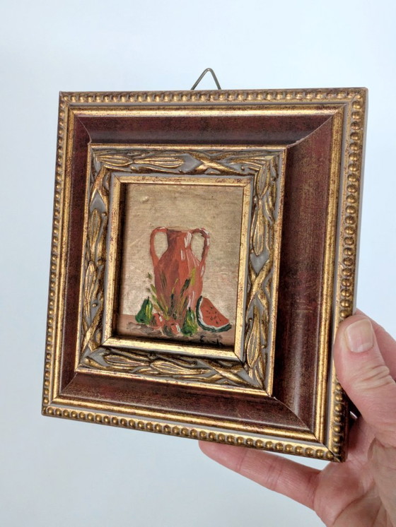 Image 1 of Vintage Still Life Oil Painting, Pottery Jar and Fruit, Florentine Frame