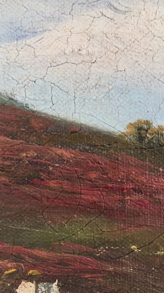 Image 1 of Peinture à l'huile originale ancienne représentant un paysage de campagne, signée.