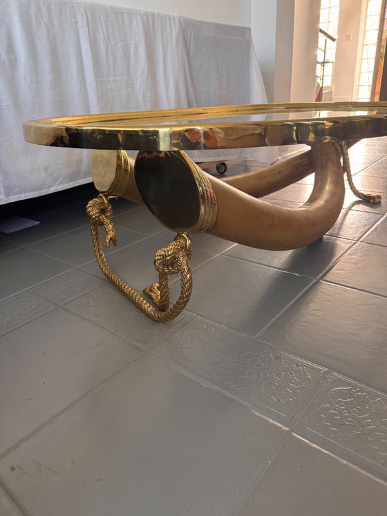 Spanish 1970s Signed Valenti Faux Elephant Tusk Table with Glass Top and Solid Bronze Detailing (photo 13 of 15)