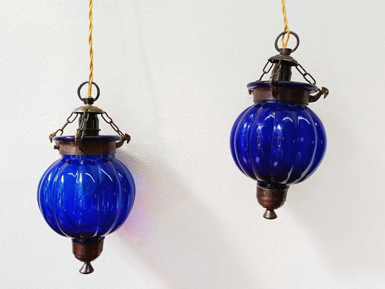Image 1 of 2x Lampes Photophores en Verre Bleu Inde