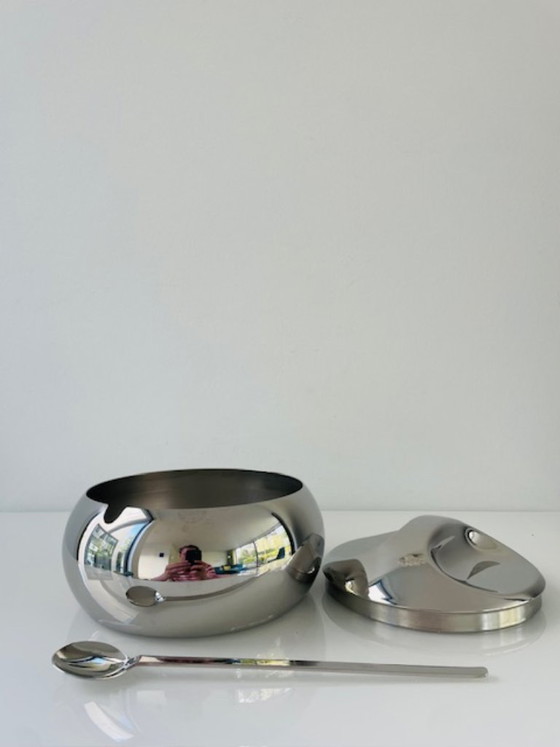 Image 1 of Vintage space age stainless steel sugar bowl with spoon – Tramontina design