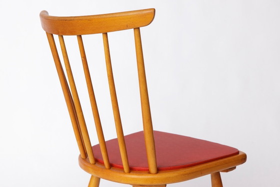 Image 1 of Vintage Beech Dining Chair with Original Red Faux Leather Seat – 1960s/70s Mid-Century German Design