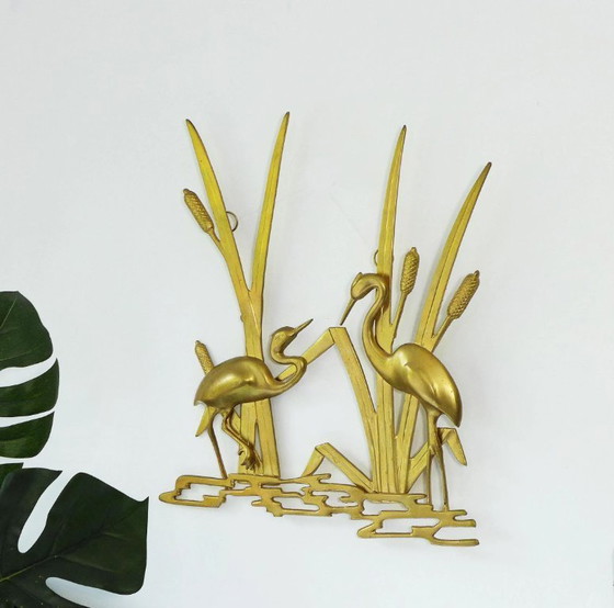 Image 1 of Decorazione murale vintage, gru dorate, quadro in ottone, anni '50, '60, '70, gioielli in ottone, Mid Century