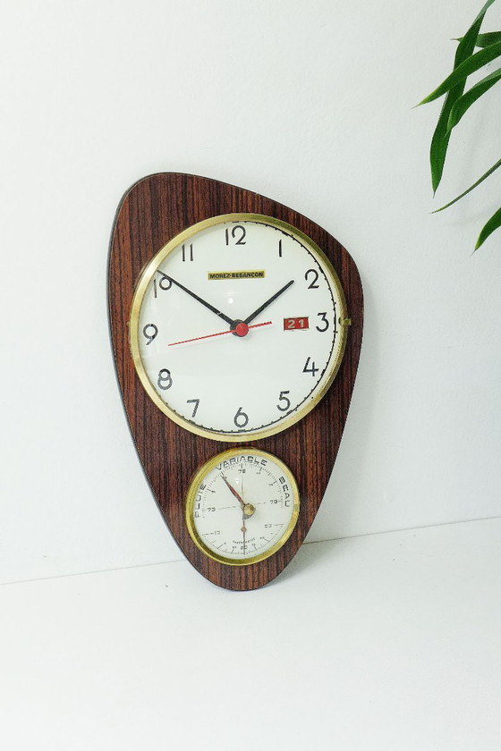 Vintage Wall Clock French Clock with Barometer 60s Retro Space Age Atomic, Morez-Besançon, Wood, Metal, Brown (photo 2 of 9)