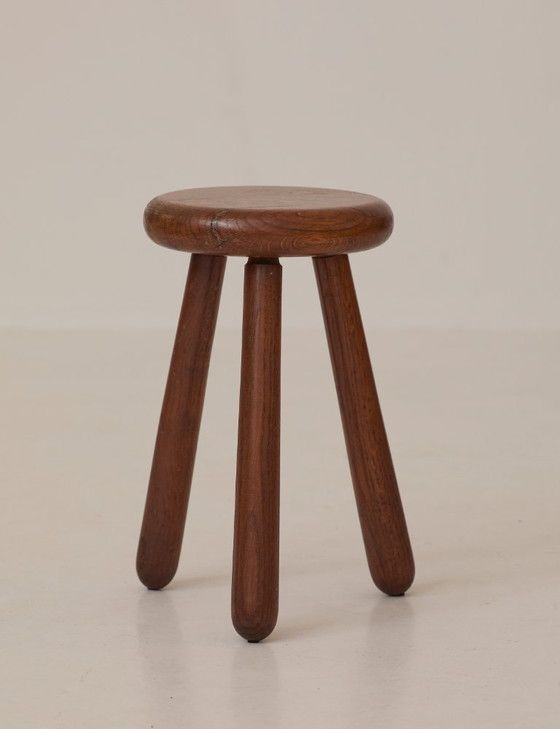 Image 1 of Vintage French tripod stool, brutalist style, made of solid wood, circa 1960