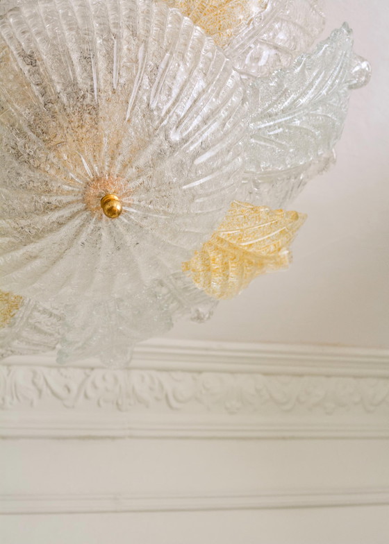Grand Lustre Plafonnier en Verre de Murano Feuilles, Ambre Clair, Italien, Années 1970 – Metal, Murano Glass (photo 2 of 10)
