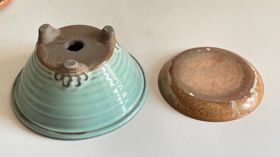 Image 1 of Vintage keramische driepoot pot en schotel