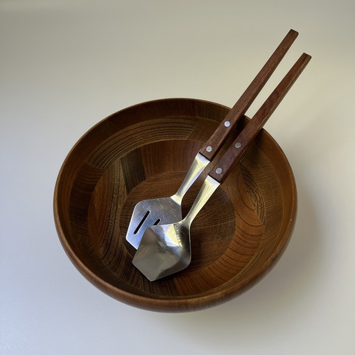 Set à salade scandinave vintage, saladier et couverts en teck, Suède, années 60
