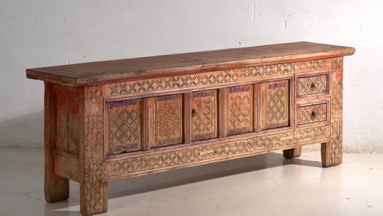 Antiker geschnitzter polychromer Unterschrank aus Tanne – Xinjiang, ca. 1900 – Sideboard (photo 3 of 39)