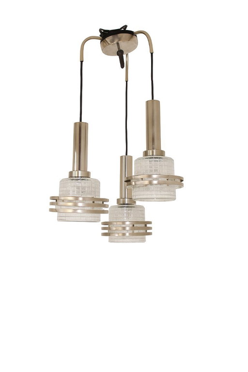 Moderne hanglamp, jaren 70, metaal en glas, 3xE27