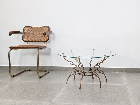 Image 1 of Table basse en faux bambou bronze à motif zigzag, style Hollywood Regency, années 1960