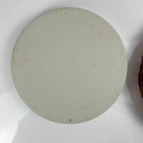 Image 1 of Set of 6 ceramic serving platters in white and blue floral pattern with woven wicker mount, 1970/80