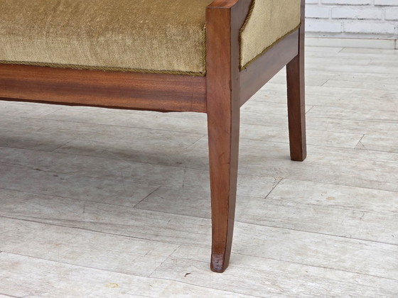 Image 1 of 1950s, 2 Seater Danish Highback Sofa, Furniture Velour, Laqered Teak Wood.