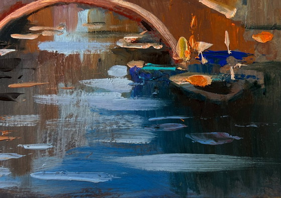 Image 1 of Original Oil Painting Street River Landscape City Central Bridge