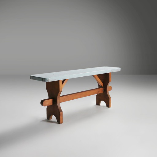 Rustic Art Deco Wooden Bench with Blue Top, France, 1930s