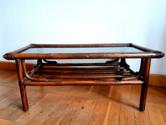 Image 1 of Vintage Rattan and Smoked Glass Coffee Table 1960