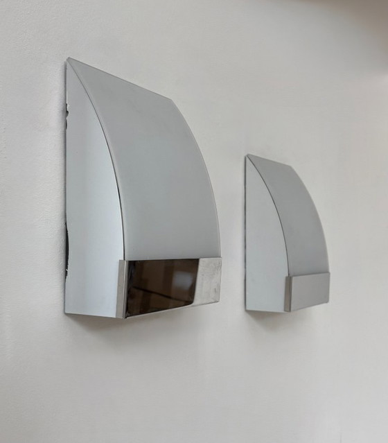 Image 1 of Coppia di applique vintage, metallo cromato e vetro satinato, Francia, 1980