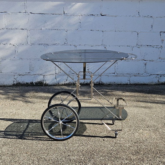 Image 1 of French Mid-Century Smoked Glass and Chrome Bar Trolley-Drop Leaf Bar Cart-Vintage Two Tier Dessert-Bar Trolley-60s