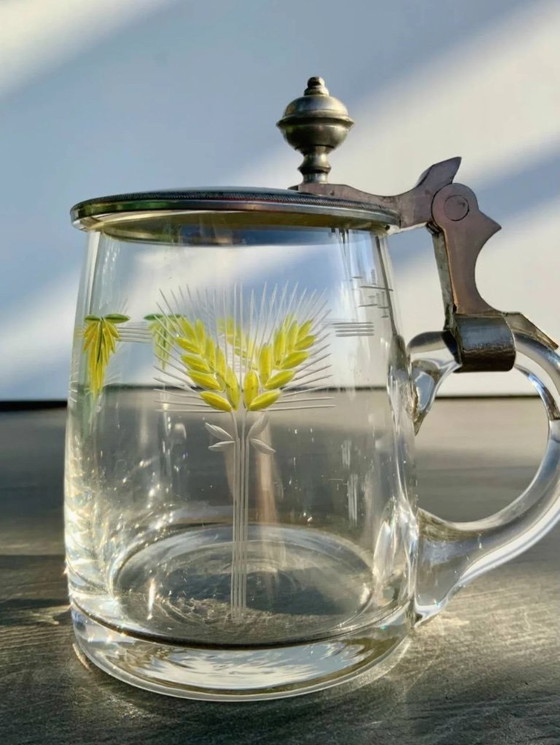 Image 1 of Boccale da birra antico con coperchio in peltro e smalto dipinto a mano (0,4 l)