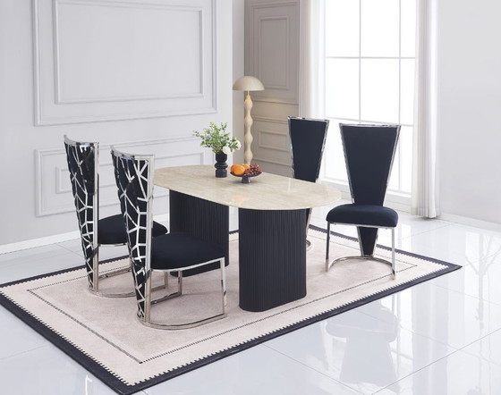 Image 1 of Mesa de comedor ROXY - Superficie de cerámica efecto travertino y patas de metal negro - 180 x 90 cm