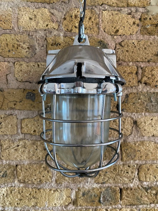 Large Industrial Cast Aluminium Cage Pendant Polish from Polam Wilkasy, 1970s ---- Explosion Proof Light 
