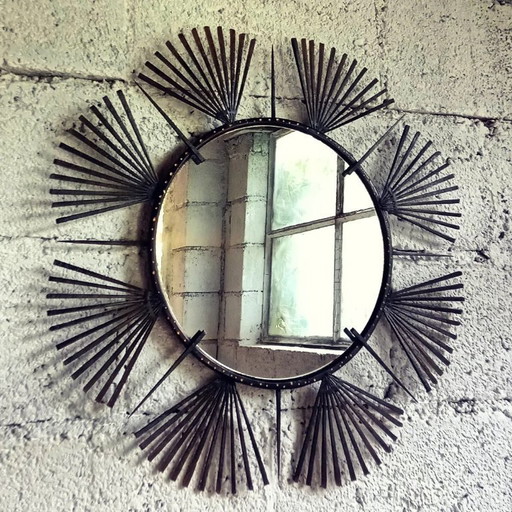 Hand-crafted mirror, iron sun, palm motif - one-of-a-kind creation
