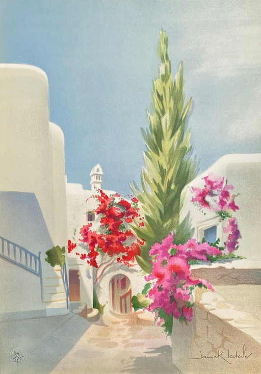 Janick LEDERLE Grecia - Bougainvillea in fiore Litografia firmata 1990