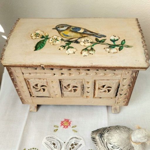 Scatola portagioie vintage in legno | Scatola per uccelli con decorazione a cinciallegra dipinta a mano